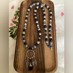 Handmade Bohemian Blue and Silver Dreamcatcher Necklace